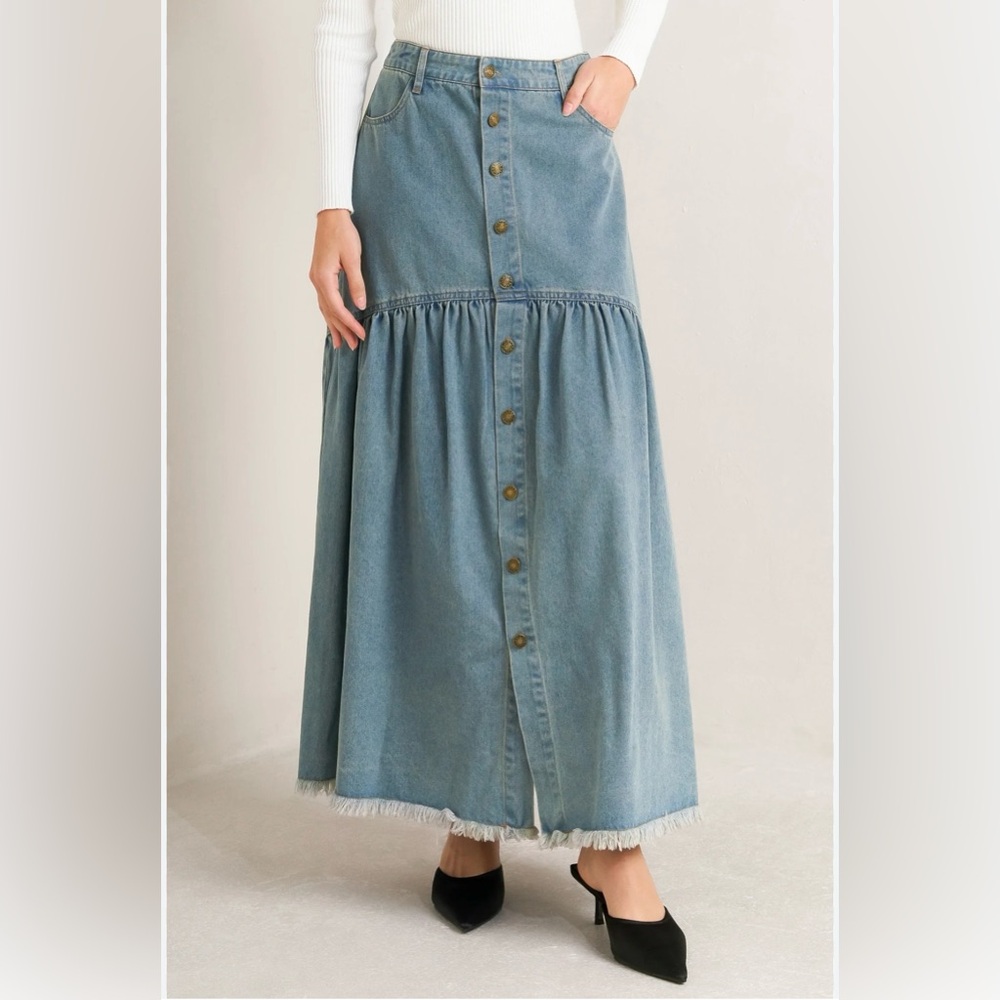 Denim Button-Front Maxi Skirt